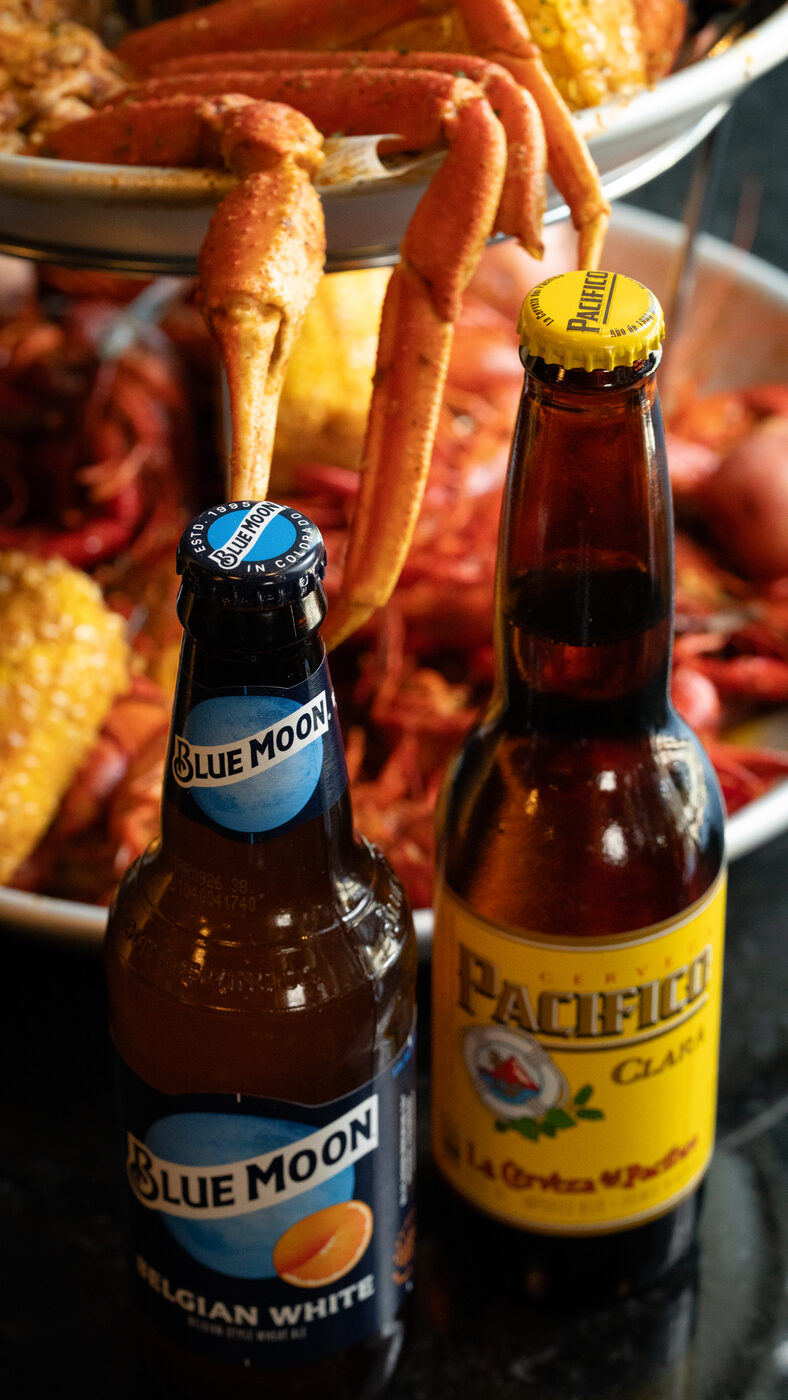 Beer bottles with seafood